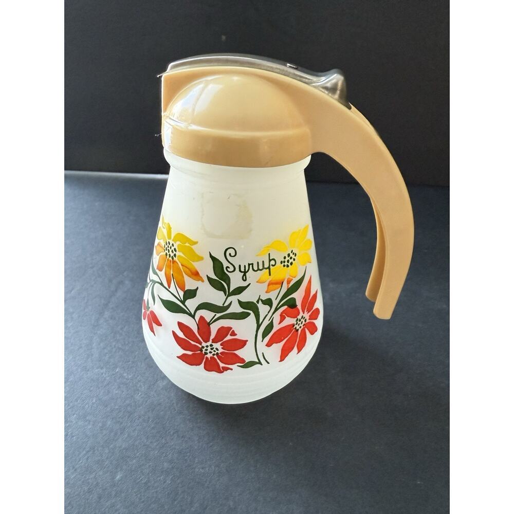 Vintage Hazel Atlas Glass Frosted Syrup Pitcher Dispenser Hand Painted With Lid